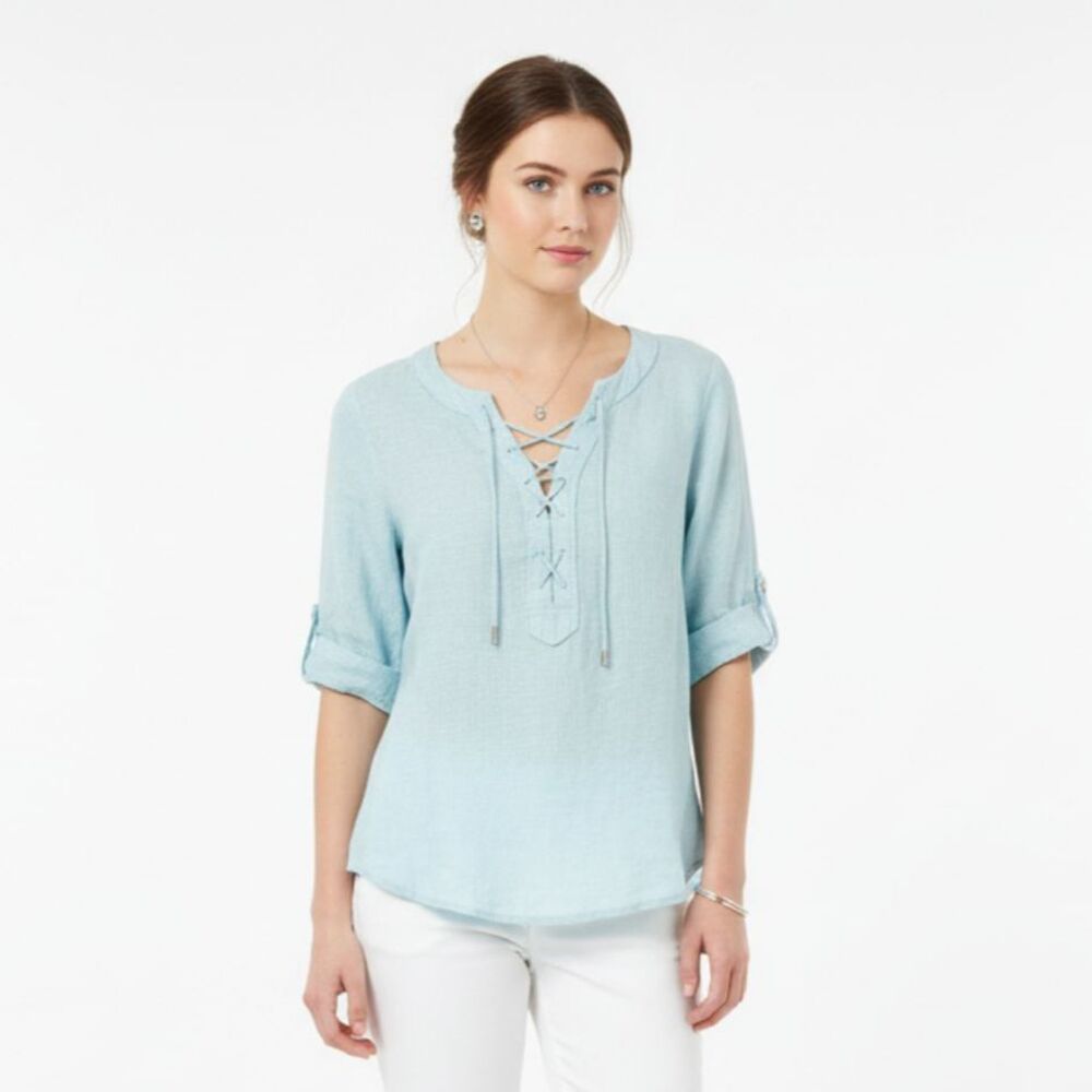 Anthropologie Maeve 100% Linen Blue Short Sleeve Lace Up Chest Blouse Top 2